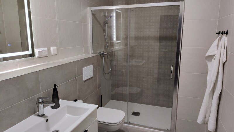 A modern bathroom with a spacious shower and elegant fittings